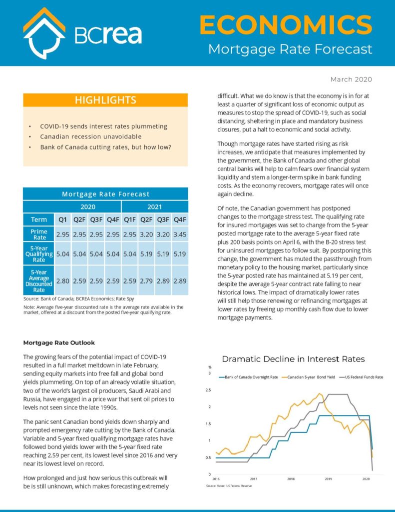 BCREA Mortgage Rate forecast March 2020 Real Estate BC COVID-19 Coronavirus